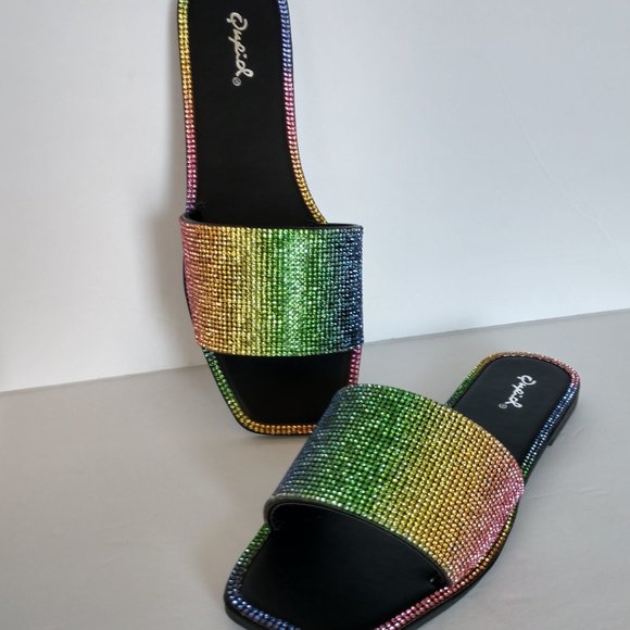 Qupid Rainbow Sandals Rhinestone Slides Various Sizes NIB - Picture 12 of 16